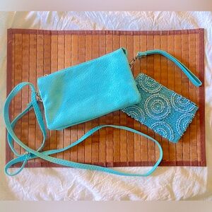 Caroline Hill Teal Zip Wristlet Convert Small Cross Body Bag & Beaded Coin Purse